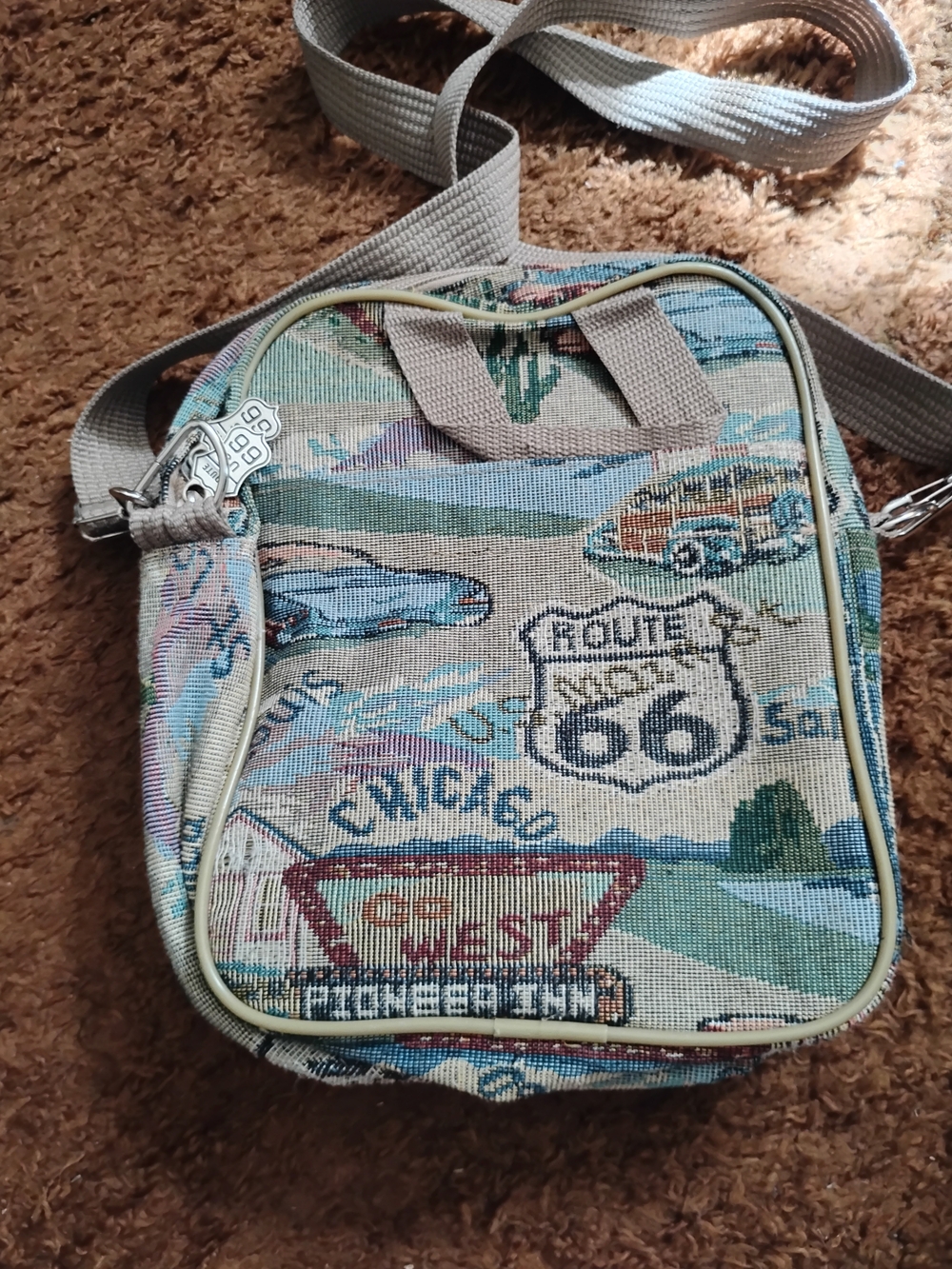 Vtg Karriage Mate Route 66 Tapestry Crossbody Bag Utility Travel Sling Y2K Retro